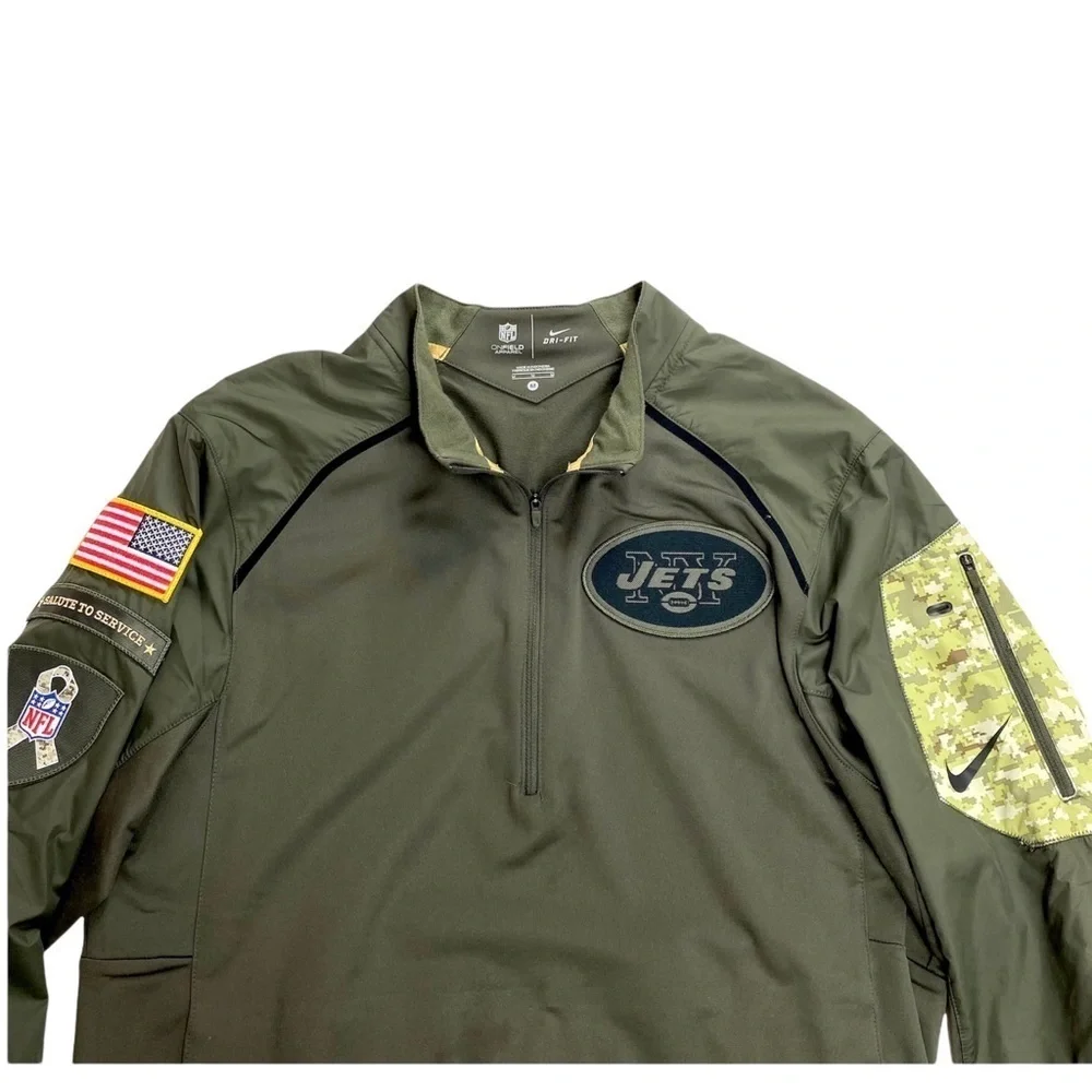 Nike NFL ONFIELD Jets Camo Pocket Half Zip Pullover Jersey Shirt Military Green